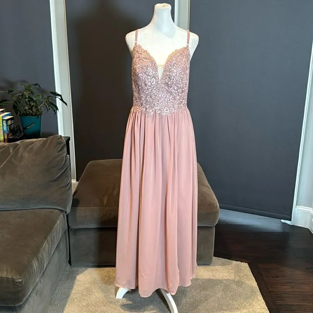 Women’s Pink Chiffon & Lace Appliqué Bridesmaid Dress Zip Up & Leg Slit Size 8